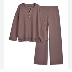 Relaxed Henley Top & Wide-Leg Pants Set - Taupe